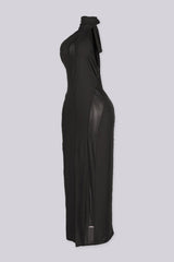 Sheer mock neck midi dress with mesh teardrop cutout in front bodice, side view