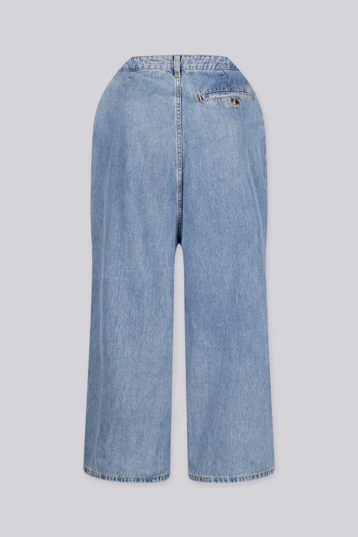 EDGEBYKS - High waisted wide leg pleated denim pants, Leather patch accent with draped flowy silhouette