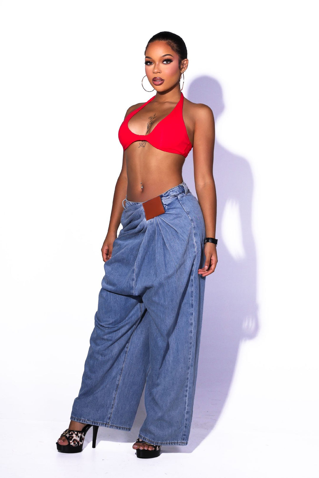 EDGEBYKS - High waisted wide leg pleated denim pants, Leather patch accent with draped flowy silhouette