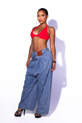 EDGEBYKS - High waisted wide leg pleated denim pants, Leather patch accent with draped flowy silhouette