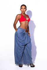 EDGEBYKS - High waisted wide leg pleated denim pants, Leather patch accent with draped flowy silhouette