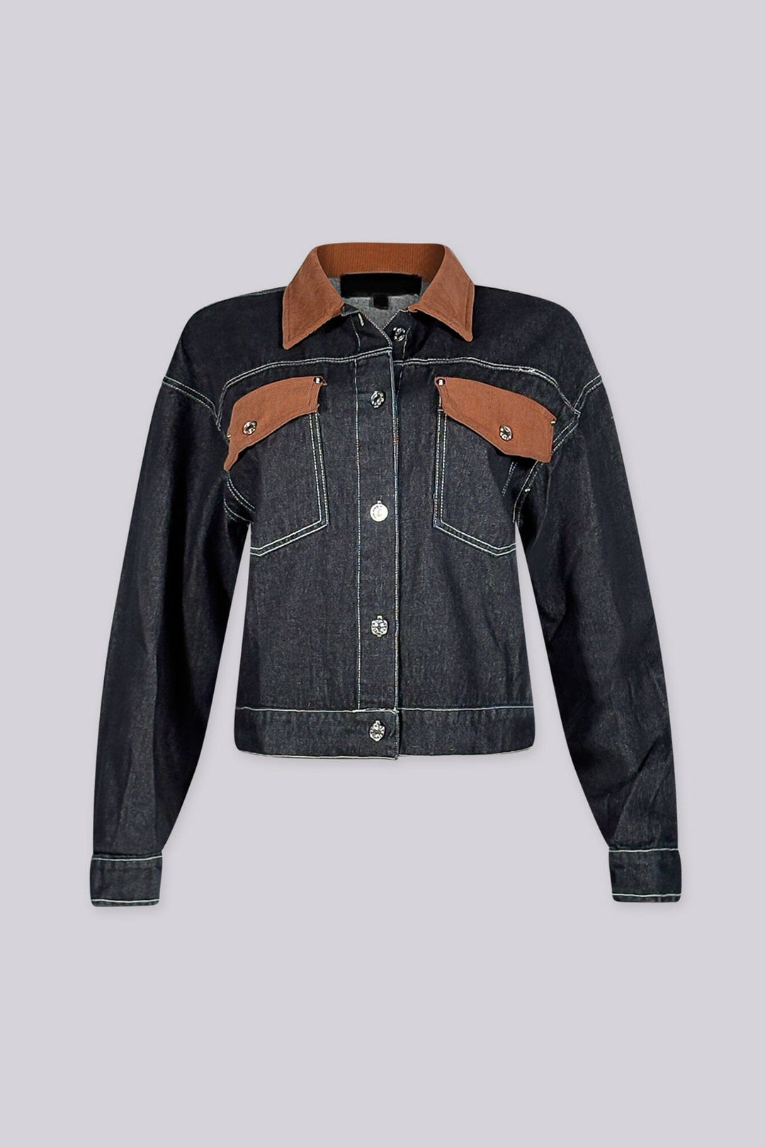 Cropped denim jacket with a contrast corduroy collar featuring chest flap pockets