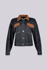 Cropped denim jacket with a contrast corduroy collar featuring chest flap pockets