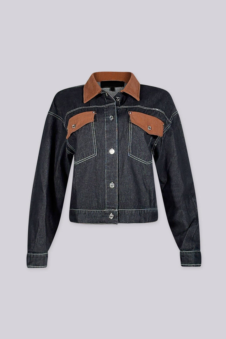 Cropped denim jacket with a contrast corduroy collar featuring chest flap pockets