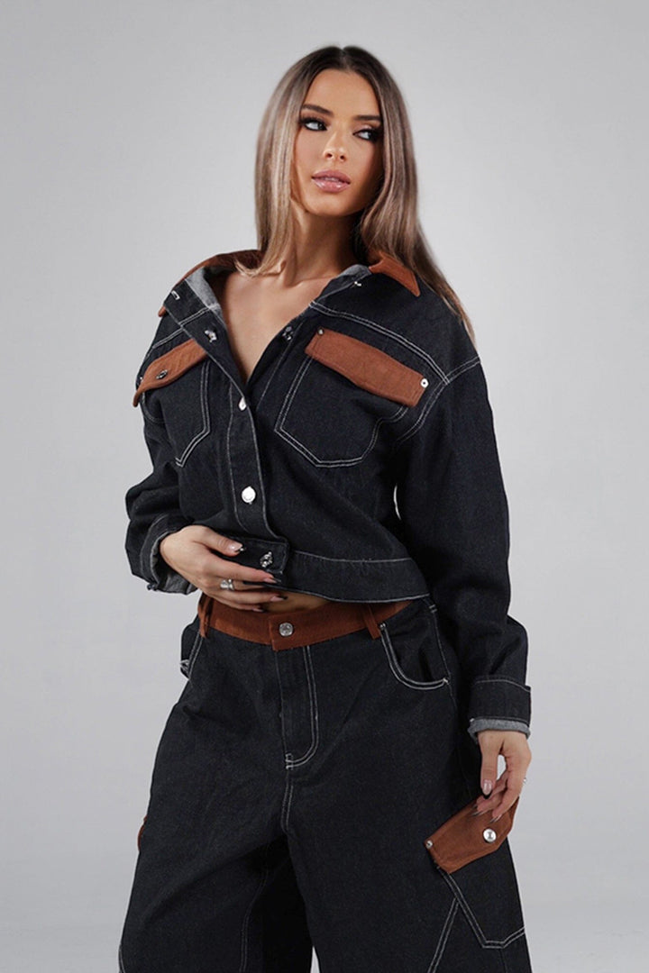 Cropped denim jacket with a contrast corduroy collar featuring chest flap pockets