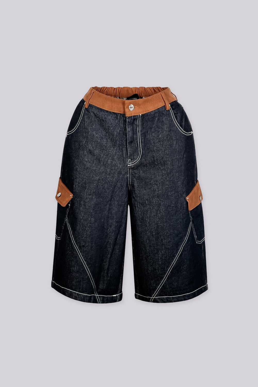Wide leg denim bermuda shorts with a contrast corduroy waistband and pocket trim featuring diagonal seam detailing