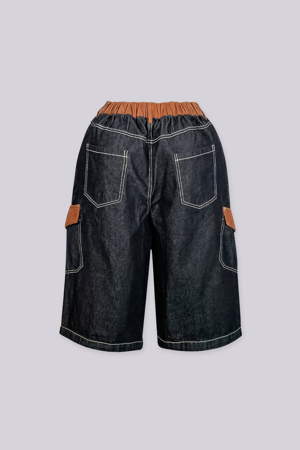 Wide leg denim bermuda shorts with a contrast corduroy waistband and pocket trim featuring diagonal seam detailing