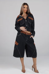 Wide leg denim bermuda shorts with a contrast corduroy waistband and pocket trim featuring diagonal seam detailing
