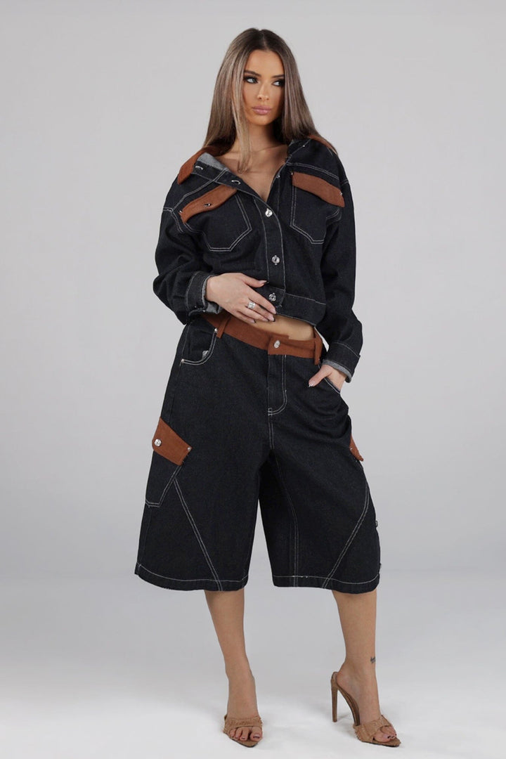 Wide leg denim bermuda shorts with a contrast corduroy waistband and pocket trim featuring diagonal seam detailing