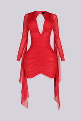Ruched sheer mesh bodycon dress with plunging neckline and open back cutout featuring a long sleeve dramatic flow detail