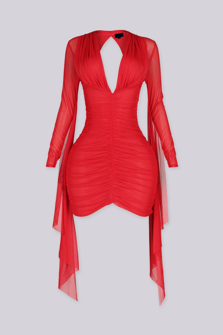 Ruched sheer mesh bodycon dress with plunging neckline and open back cutout featuring a long sleeve dramatic flow detail