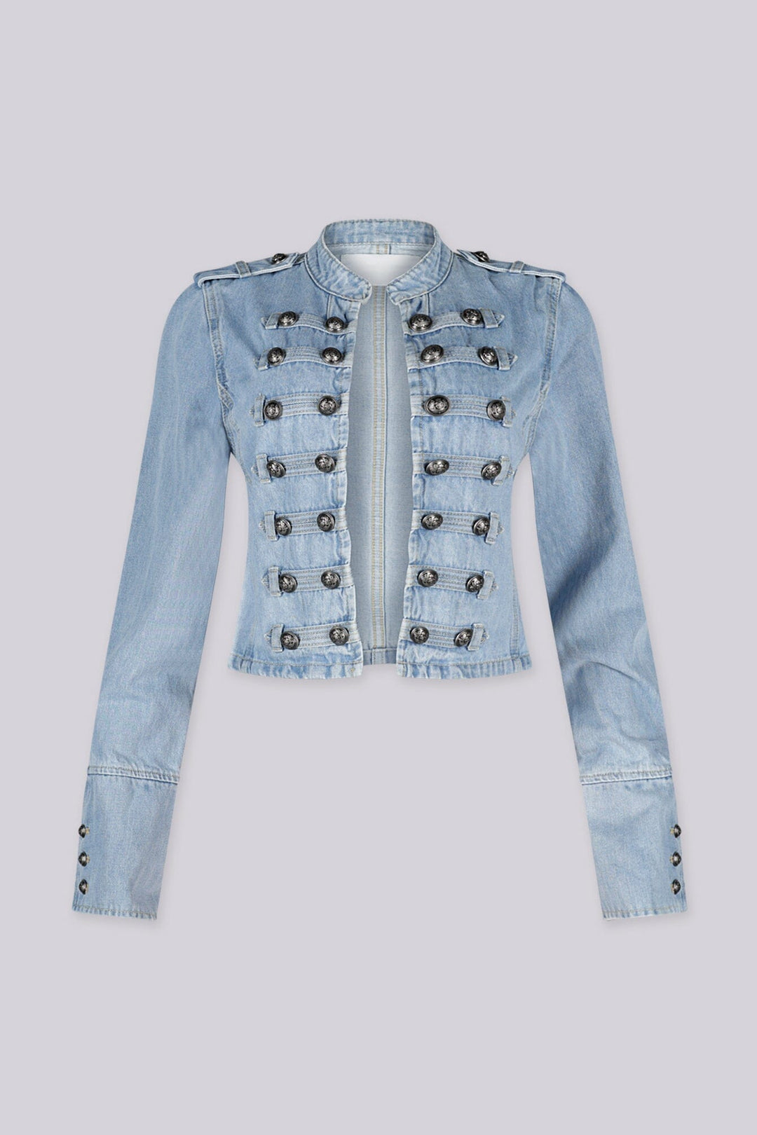 Cropped military inspired denim jacket with a structured band collar