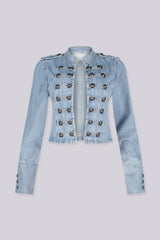 Cropped military inspired denim jacket with a structured band collar