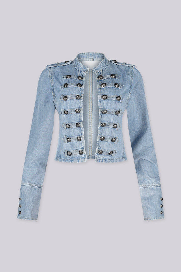 Cropped military inspired denim jacket with a structured band collar