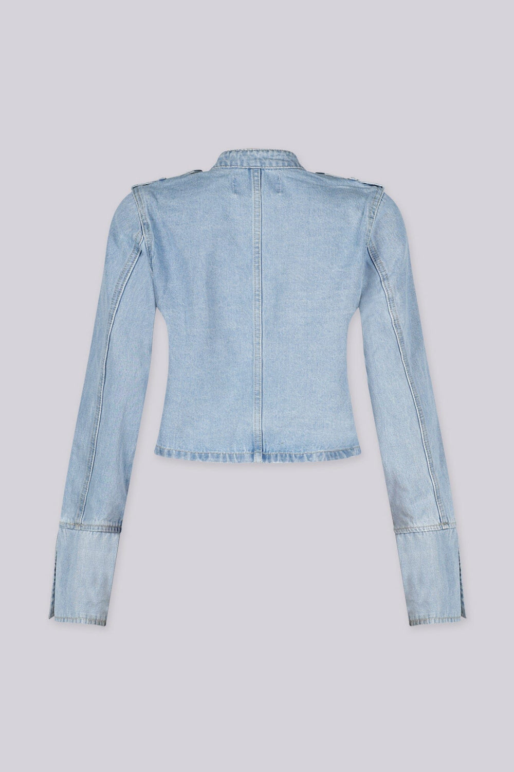 Cropped military inspired denim jacket with a structured band collar