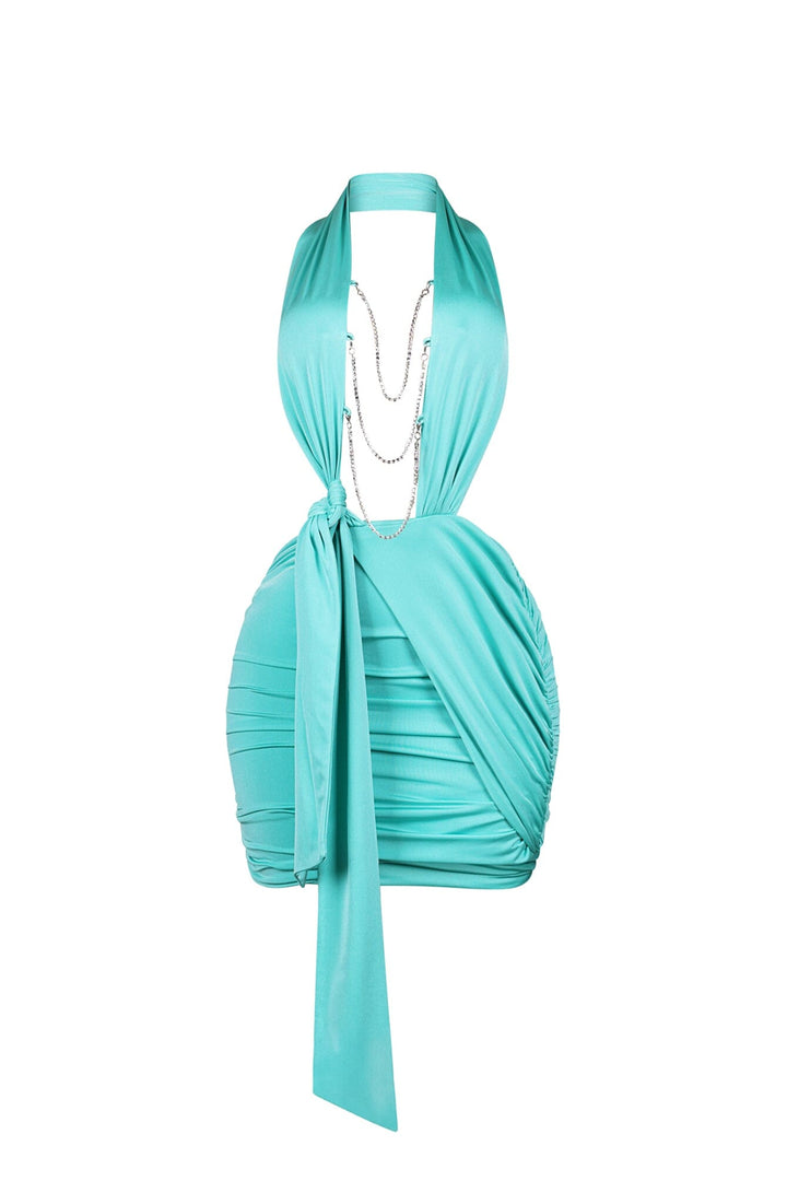 Halter neck mini dress with open plunge front featuring wide cinched lapels and side sash with knot detail
Multi tiered rhinestone chain draping