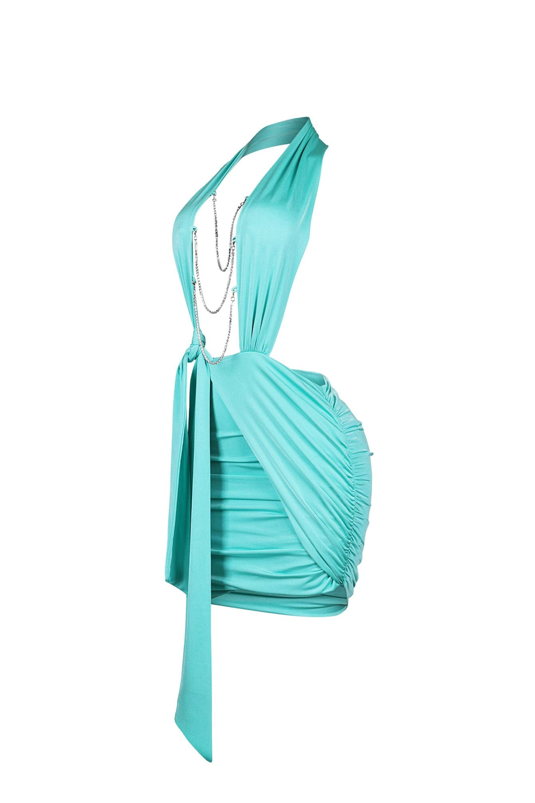 Halter neck mini dress with open plunge front featuring wide cinched lapels and side sash with knot detail
Multi tiered rhinestone chain draping
