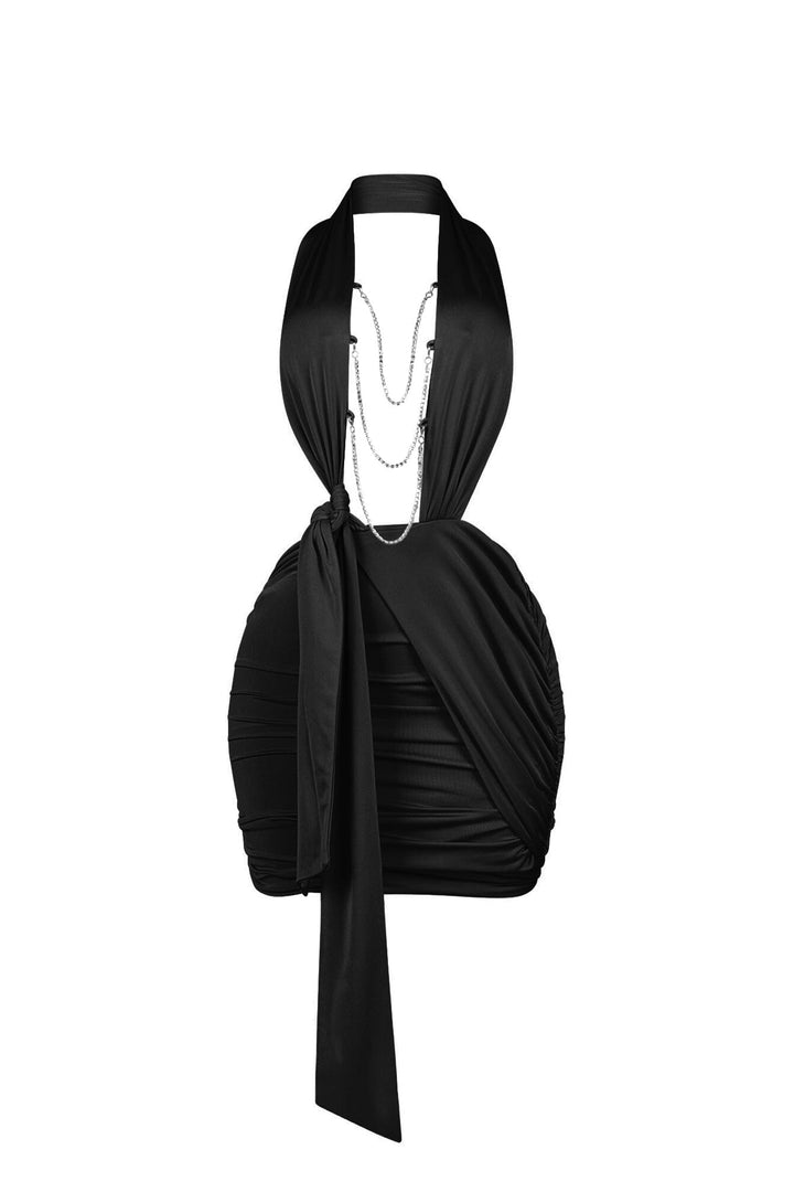 Halter neck mini dress with open plunge front featuring wide cinched lapels and side sash with knot detail
Multi tiered rhinestone chain draping