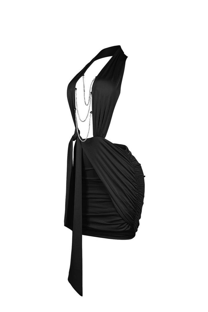 Halter neck mini dress with open plunge front featuring wide cinched lapels and side sash with knot detail
Multi tiered rhinestone chain draping