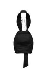 Halter neck mini dress with open plunge front featuring wide cinched lapels and side sash with knot detail
Multi tiered rhinestone chain draping