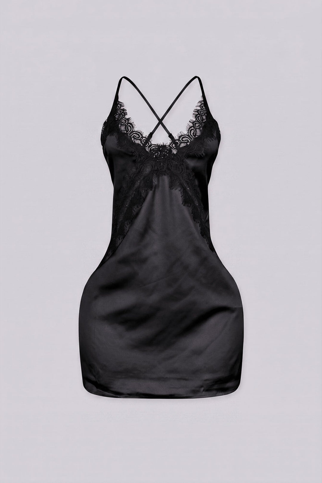 Satin slip mini dress featuring v neckline with lace detailing across the bodice