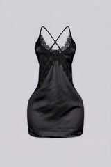Satin slip mini dress featuring v neckline with lace detailing across the bodice
