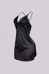 Satin slip mini dress featuring v neckline with lace detailing across the bodice
