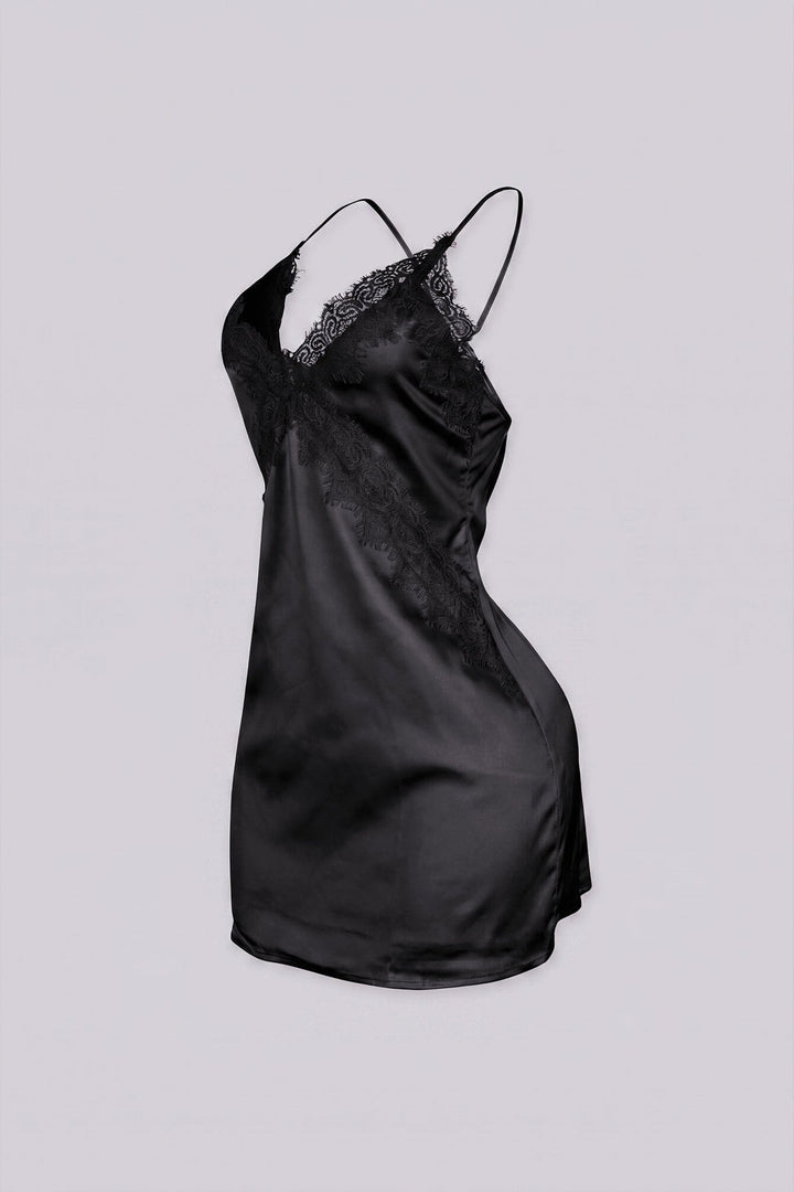 Satin slip mini dress featuring v neckline with lace detailing across the bodice