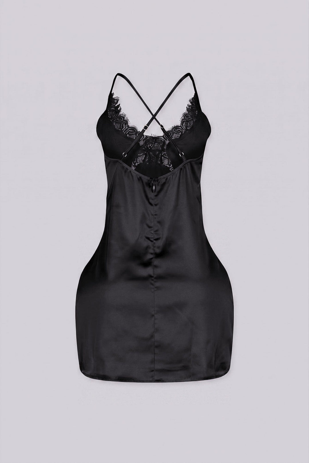 Satin slip mini dress featuring v neckline with lace detailing across the bodice