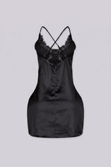 Satin slip mini dress featuring v neckline with lace detailing across the bodice