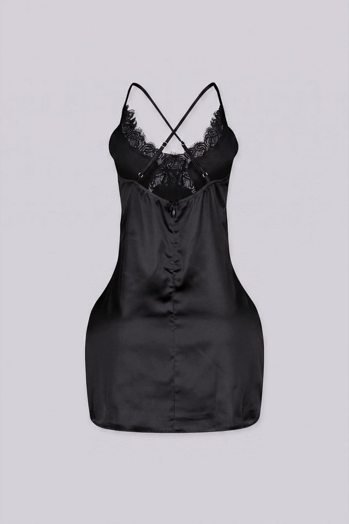 Satin slip mini dress featuring v neckline with lace detailing across the bodice