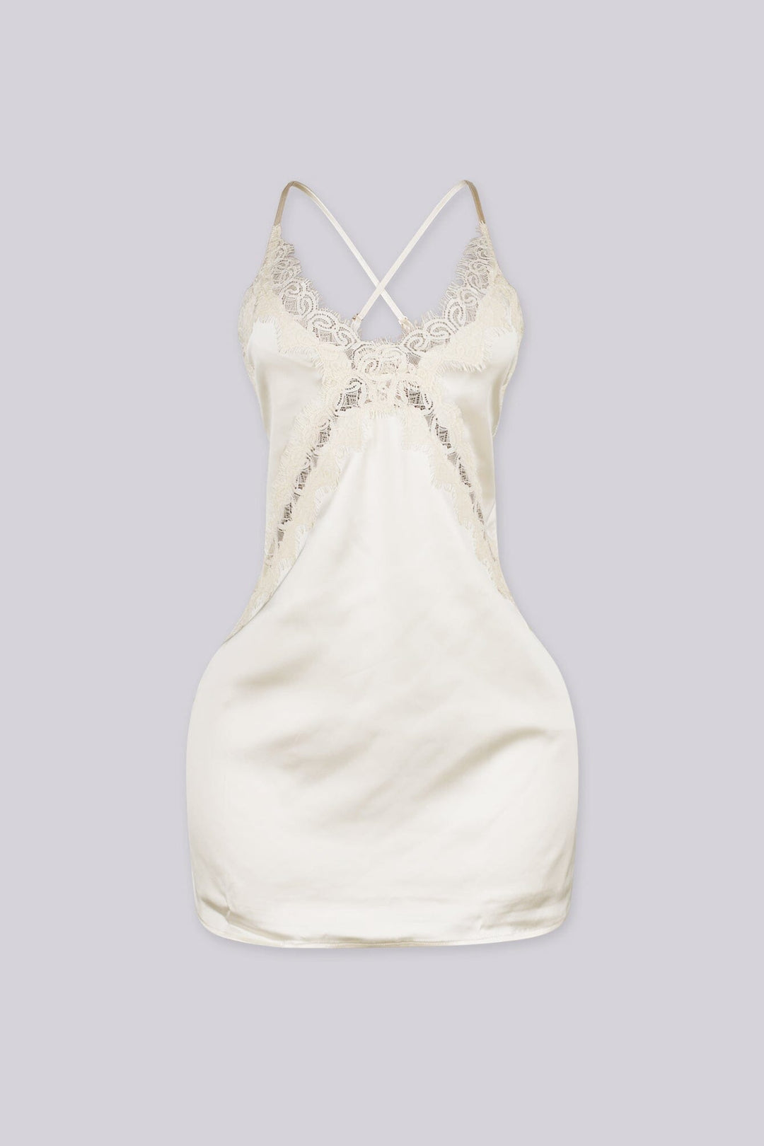 Satin slip mini dress featuring v neckline with lace detailing across the bodice