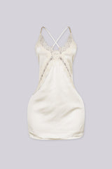 Satin slip mini dress featuring v neckline with lace detailing across the bodice