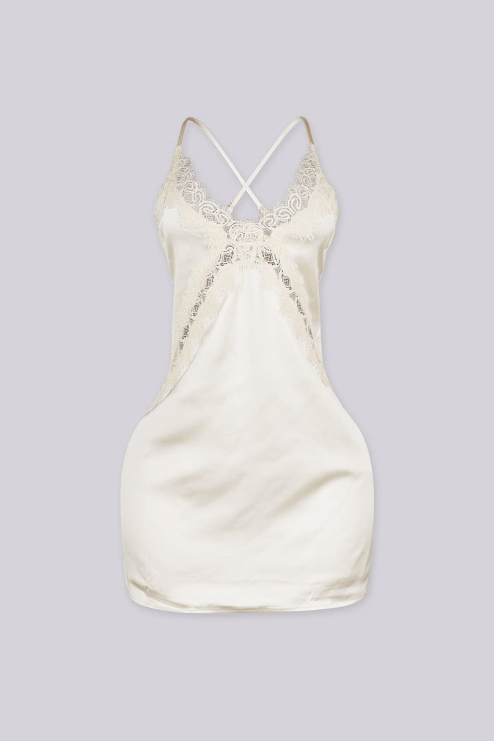 Satin slip mini dress featuring v neckline with lace detailing across the bodice