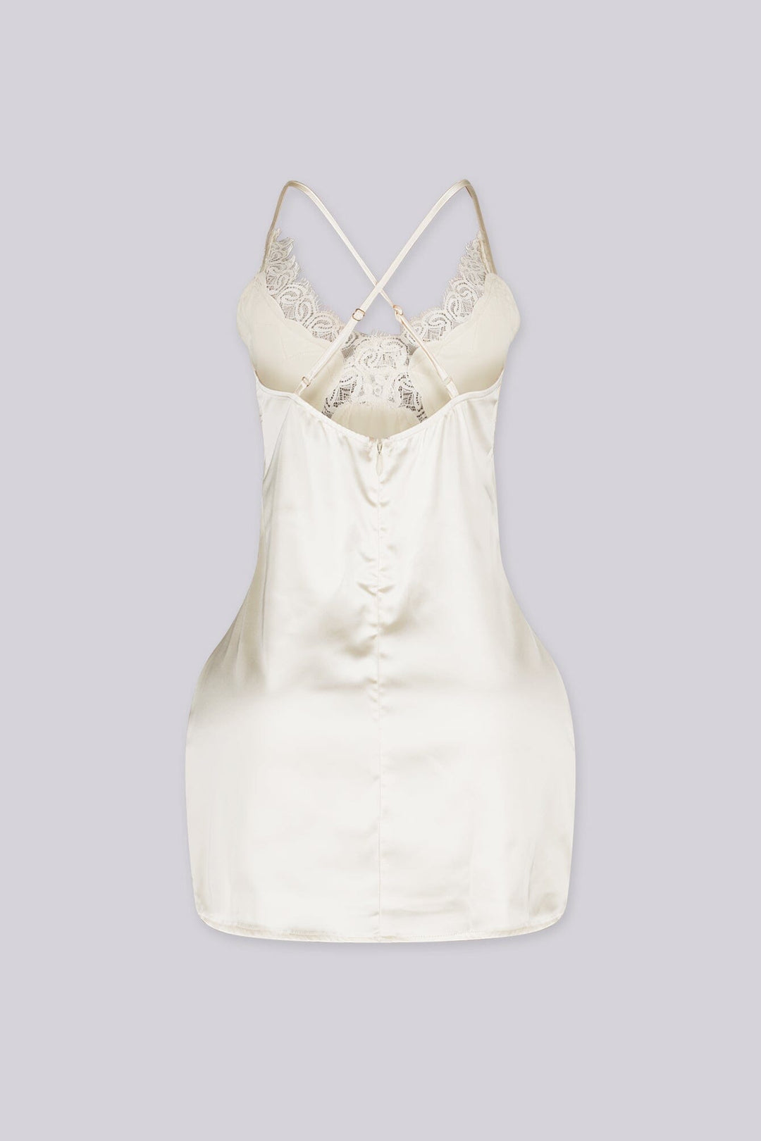 Satin slip mini dress featuring v neckline with lace detailing across the bodice