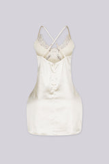Satin slip mini dress featuring v neckline with lace detailing across the bodice