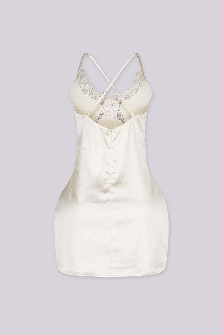 Satin slip mini dress featuring v neckline with lace detailing across the bodice