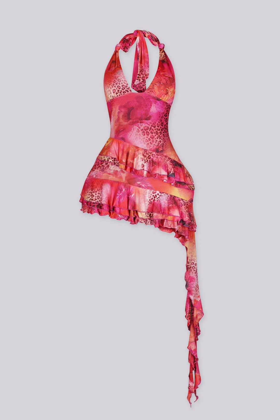 Abstract red and pink printed mesh halter mini dress with deep open back and tie neck closure
Soft draped front with layered ruffle hem for a flowy asymmetric look