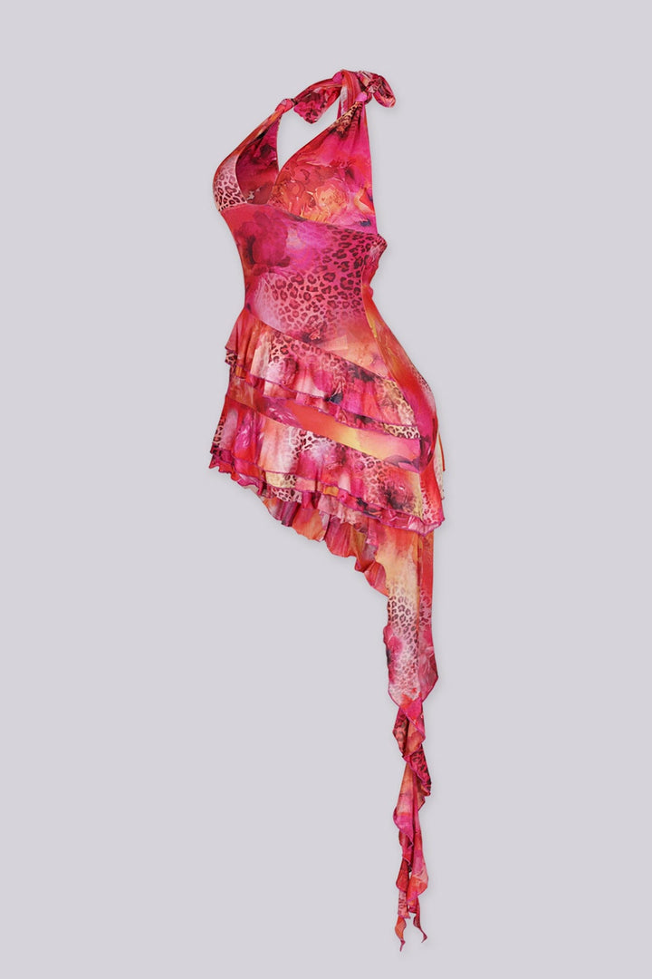 Abstract red and pink printed mesh halter mini dress with deep open back and tie neck closure
Soft draped front with layered ruffle hem for a flowy asymmetric look