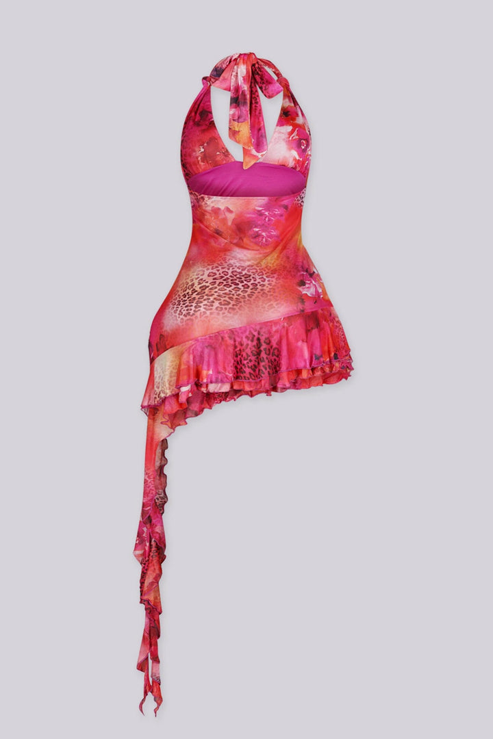 Abstract red and pink printed mesh halter mini dress with deep open back and tie neck closure
Soft draped front with layered ruffle hem for a flowy asymmetric look