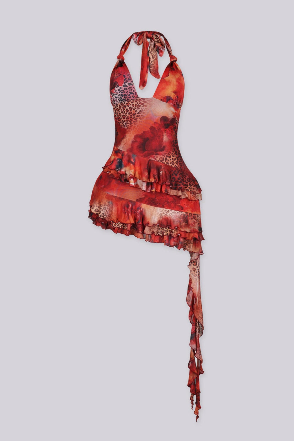 Abstract red and pink printed mesh halter mini dress with deep open back and tie neck closure
Soft draped front with layered ruffle hem for a flowy asymmetric look