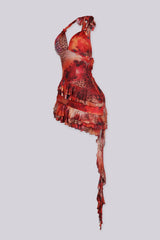 Abstract red and pink printed mesh halter mini dress with deep open back and tie neck closure
Soft draped front with layered ruffle hem for a flowy asymmetric look