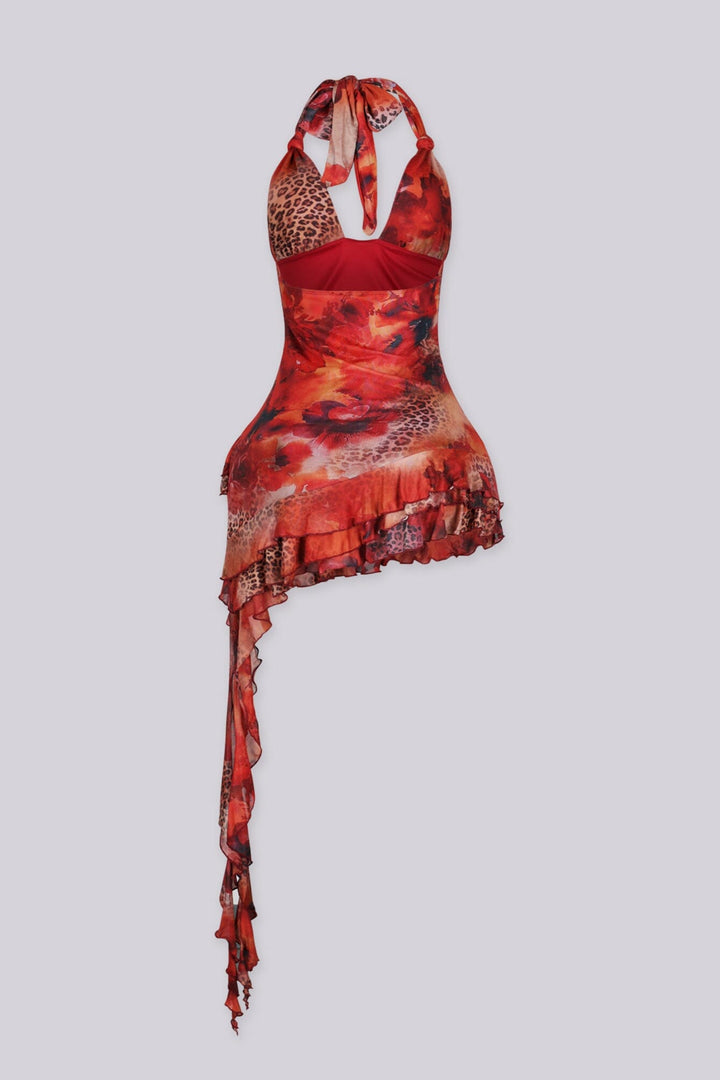Abstract red and pink printed mesh halter mini dress with deep open back and tie neck closure
Soft draped front with layered ruffle hem for a flowy asymmetric look