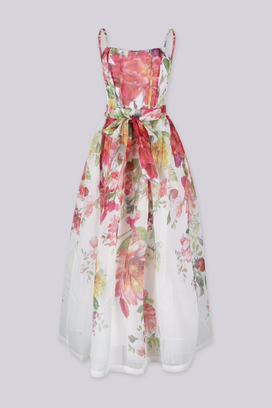Sheer floral organza midi dress with adjustable straps featuring smocked back and gathered waist with tie detail