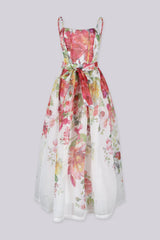 Sheer floral organza midi dress with adjustable straps featuring smocked back and gathered waist with tie detail