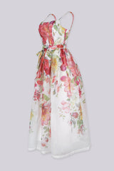 Sheer floral organza midi dress with adjustable straps featuring smocked back and gathered waist with tie detail