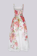 Sheer floral organza midi dress with adjustable straps featuring smocked back and gathered waist with tie detail