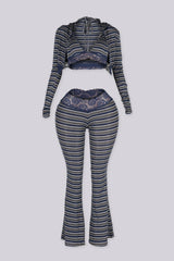 Three piece striped set featuring a bralette top and pants and matching cropped hoodie
