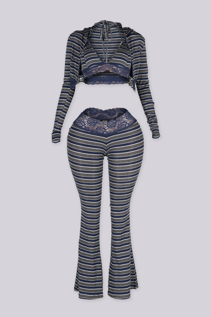 Three piece striped set featuring a bralette top and pants and matching cropped hoodie