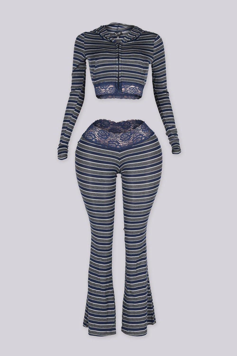 Three piece striped set featuring a bralette top and pants and matching cropped hoodie